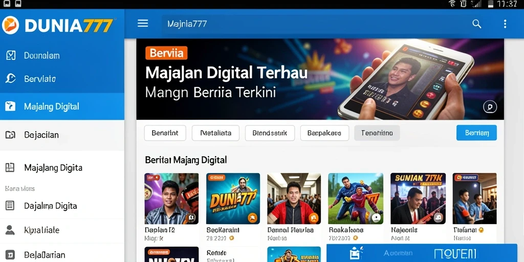 Antarmuka pengguna aplikasi DUNIA777 yang menarik dan informatif.